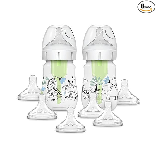 Dr. Brown’s Natural Flow® Anti-Colic Options+™ Wide-Neck Baby Bottle Designer Edition Bottles, Jungle Decos, 5 oz/150 mL, Level 1 Nipple, 2-Pack, 0m+ with 6-Pack Level 2 Nipples