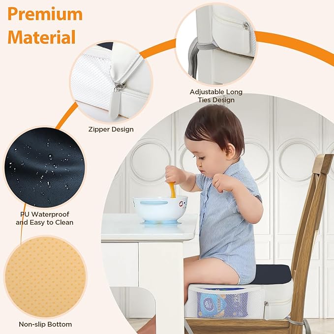 Booster Seat for Kitchen Chair, 3.8" Toddler Booster Seats for Dining Table with Ties, PU Dining Chair Pads with Side Pockets, Non-Slip & Removable Booster Seat for Table Increasing Cushion (Blue)