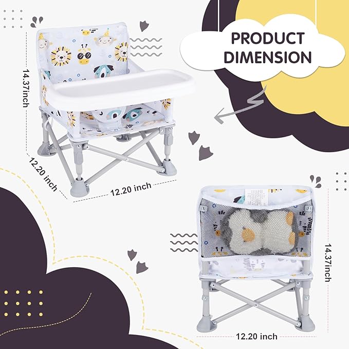 Portable Baby Chair, Folding Booster Seat with Tray for Dining Table Compact Camping Chair for Lawn Beach Travel Babies 6-36 Months