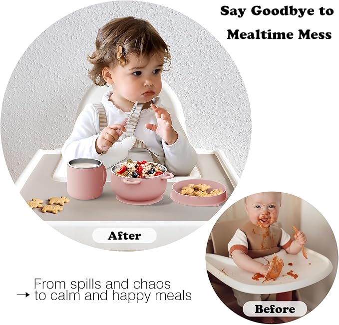 Bakpoco Kids Dinnerware Set - 6 Piese Toddler Plates and Suction Bowls Set with Kids Utensils&Cup, 2 IN 1 Stainless Steel & Silicone Baby Self Feeding Supplies, Blush