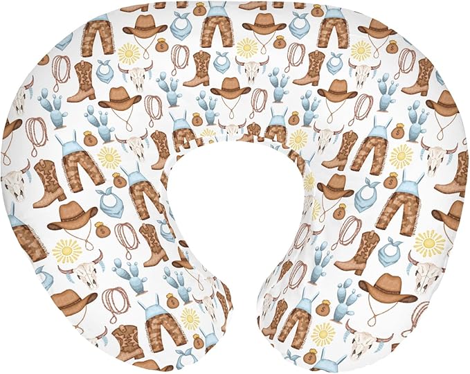 Blue Western Cowboy Baby Nursing Pillow Covers for Boy Cowboys Boots Hat Horse Cactus Sun Cow Skulls Nursery Slipcover for Breastfeeding Pillows Wild West Soft Stretchy Cover for Newborn Infant