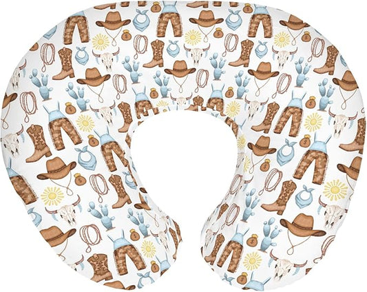Blue Western Cowboy Baby Nursing Pillow Covers for Boy Cowboys Boots Hat Horse Cactus Sun Cow Skulls Nursery Slipcover for Breastfeeding Pillows Wild West Soft Stretchy Cover for Newborn Infant