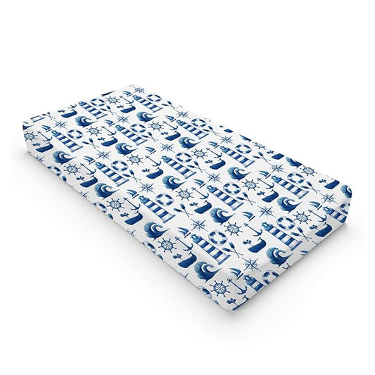 Navy Nautical Life Changing Pad Cover Marine Ocean Lighthouse Compass Whale Changing Table Cover for Baby Boys Girls Soft Breathable Stretchy Fitted Diaper Changing Mat Sheets 32''x16''