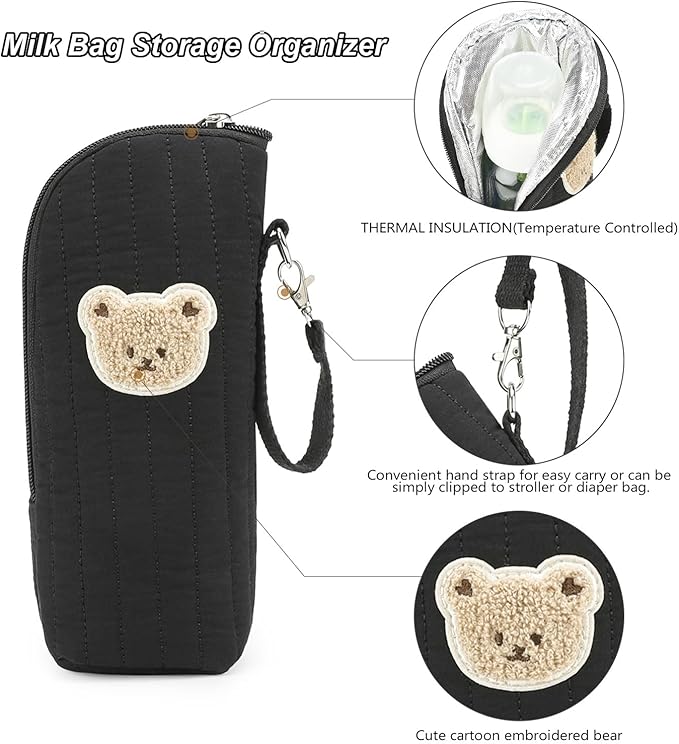 Insulated Baby Bottle Bag, Cotton Thermal Storage Organizer with Bear Design, 8.66x2.76x3.15 Inches, Light Blue, for Breast Milk Transport and Snacks (blue)