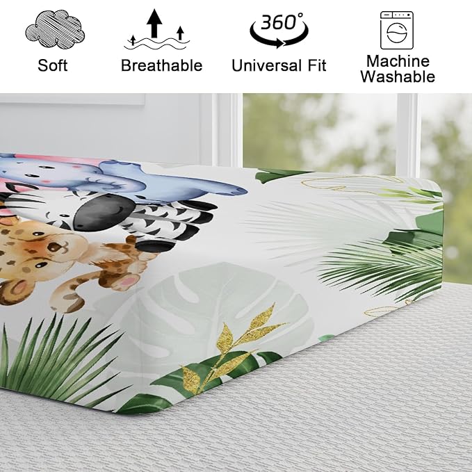 Jungle Safari Animals Tropical Leaves Flowers Changing Pad Cover Lion Elephant Zebra Giraffe Hippo Change Table Covers for Boys Girls Soft Stretchy Diaper Changing Mat Sheets Cover 32''x16''