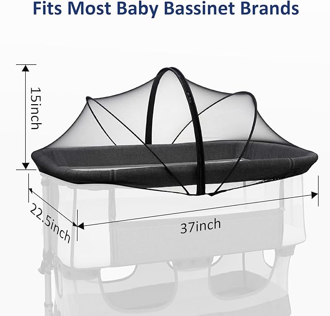 Bassinet Mosquito Net Cover to Keep Cats & Bugs Out for Baby, Two-Way Zipper, Portable Bassinet Cover with Storage Bag, Breathable Baby Mosquito Net for Travel Crib, Black