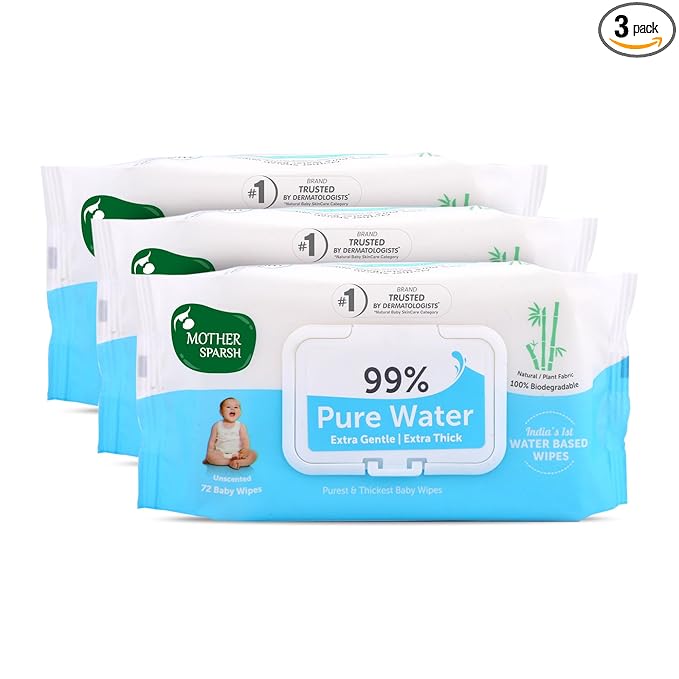 Mother Sparsh 99% Pure Water (Unscented) Baby Wipes I Natural Plant Made Cloth - Super Thick I 72 pcs/Pack - Pack of 3