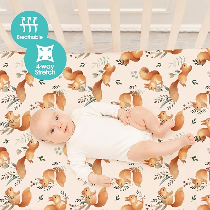 BROLEX Baby Fitted Crib Sheets: Kid Crib Sheets - Set of 2 for Toddler Standard Size Crib Mattress for Boys and Girls - Jersey Knit Crib Bed Sheets Squirrel&Foliage