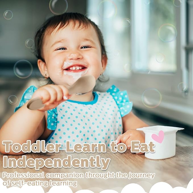 Nuenen 6 Pieces Silicone Baby Feeding Forks and Spoons Set Hot Safety First Stage Self Feeding Supplies Mini Kids Utensils for over 6 Months Babies Boy Girl Toddlers First Foods (Neutral Color)