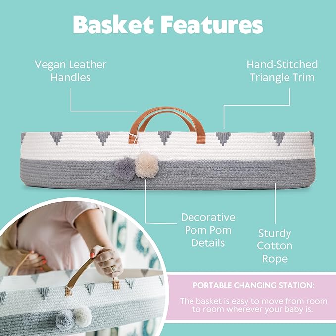 Vesta Baby Woven Cotton Rope Moses Changing Basket - Portable Infant Nursery Dresser Table Topper with Soft Foam Pad & 2 Washable Bamboo Waterproof Covers for Easy Diaper Change - Boho Gray & Beige