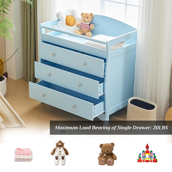 Karl home Changing Table Dresser Baby Diaper Changing Station Infant Nursing Table with 3 Drawers, Safety Rail & Strap for Bedroom, Nursery, Blue