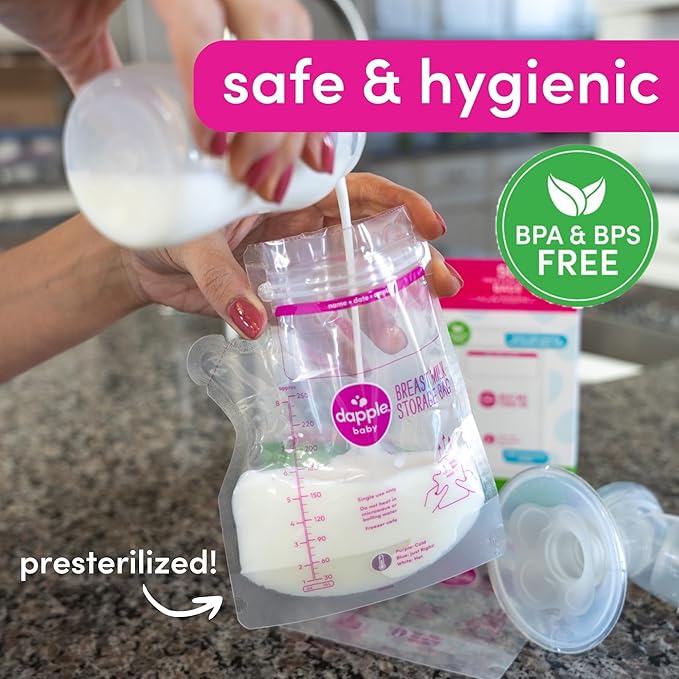 Dapple Breast Milk Storage Bags with East Pour Spout, Leakproof Double Zipper, BPA-Free, Pre-Sterilized, Temperature Sensor, Freezer-Safe, Pump Directly Into Bag, 8oz, 50ct