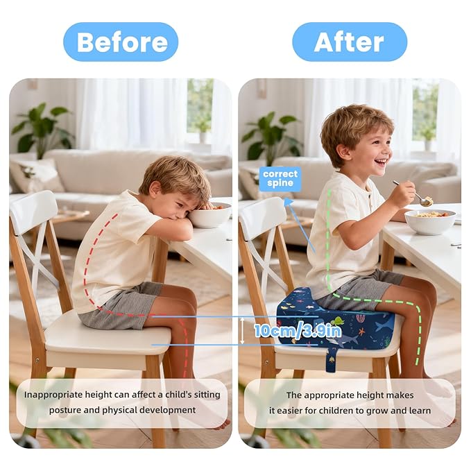 Toddler Booster Seat for Dining Table Kitchen Chair, Kids Booster Seat with Non-Slip Bottom and Adjustable Straps, 4" Detachable Washable Portable Travel Increasing Cushion (Undersea World)