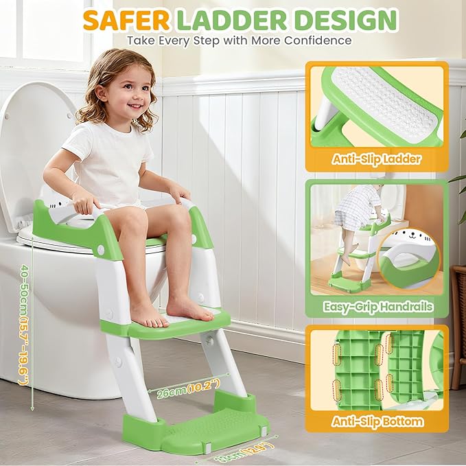 Orzbow Potty Training Seat, Toddler Toilet Seat with Step Stool Ladder, 2-in-1 Toddler Potty Training Toilet Chair for Kids Boys Girls - 5-Level Adjustable Height | Splash Guard | Anti Slip Pad, Green