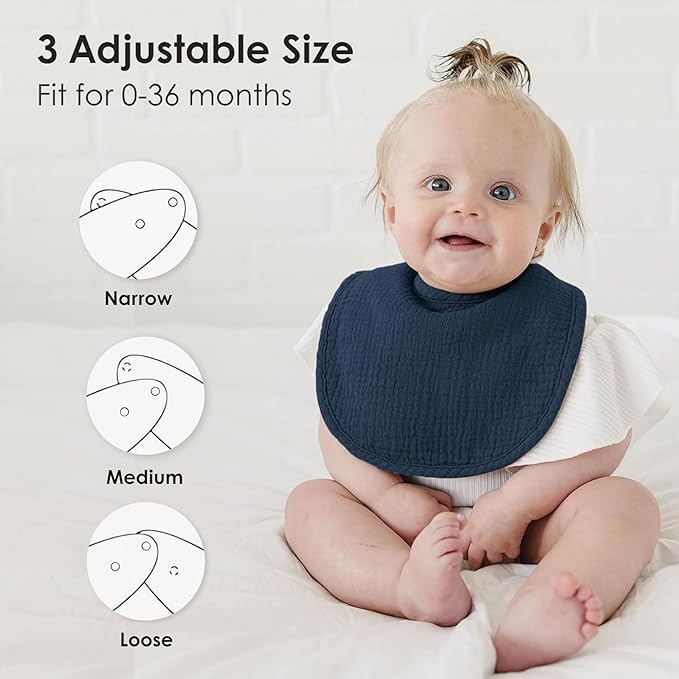 MairMore 8-Pack Baby Muslin Bibs, Soft Cotton Drool Bibs for Boys Girls, Adjustable and Absorbent Newborn Bib Set for Feeding and Drooling