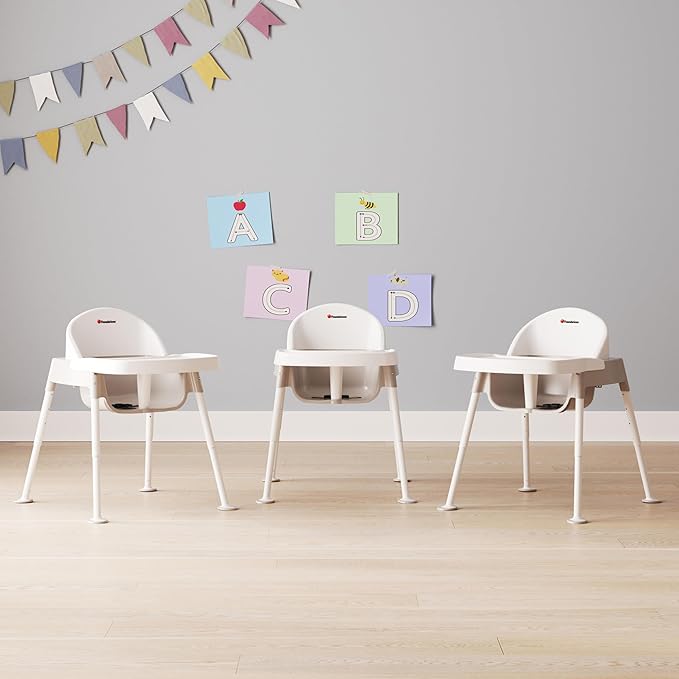 Foundations Secure Sitter 7-13" Adjustable Height Feeding Chair, 3 Pack, Stable “No Tip” Feet, 3-Point Adjustable Harness, Removable Tray, Easy to Clean, Smooth Plastic, White/Tan