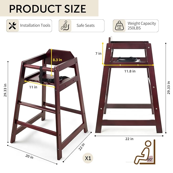 Wooden High Chairs for Babies and Toddlers, Restaurant-Style Stackable High Chair with Commercial Grade Solid Wood for Dining Table & Kitchen, Easy to Clean Baby Booster Seat - Burgundy