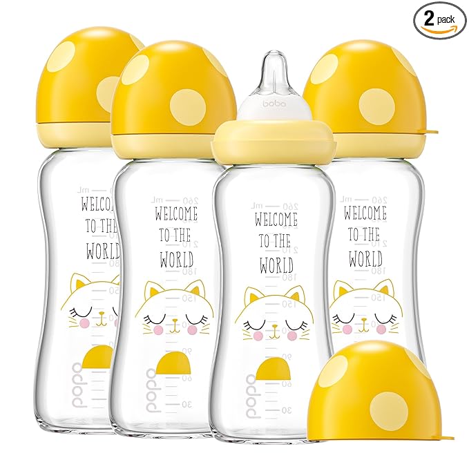 YOHKOH Natural Glass Baby Bottle with Level 2 Medium Flow Nipple, Newborn Anti-Colic Baby Bottles, Wide Neck Mushroom Baby Glass Bottle (8.8ounce (Pack of 4), Yellow1)