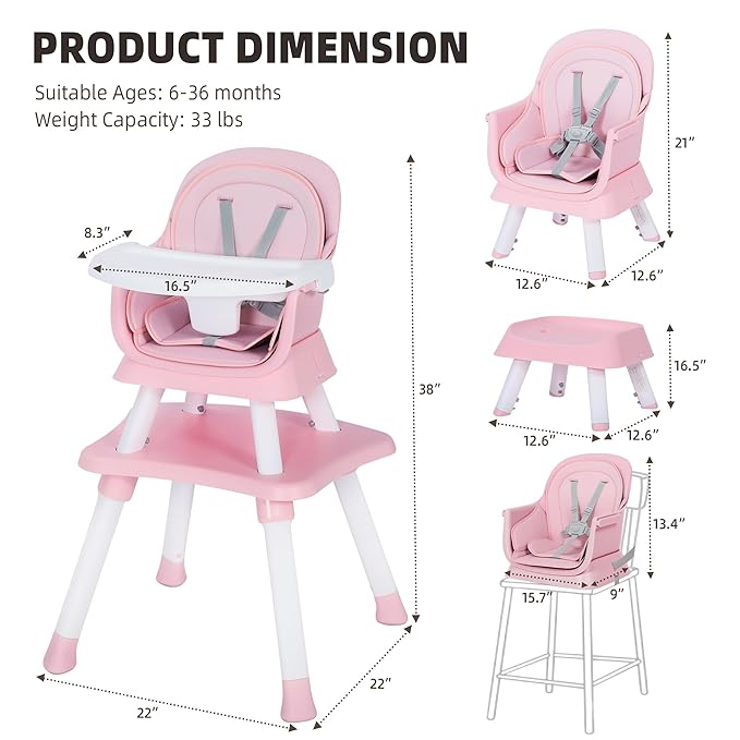 Baby High Chair, 8 in 1 Convertible Highchair, Booster Seat, Building Block/Activity Table, Stool, Feeding Chair with Dishwasher-Safe Tray, High Chairs for Babies and Toddlers (Pink)