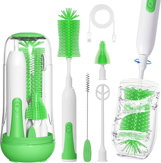 Electric Baby Bottle Brush, Rechargable Electric Bottle Brush Cleaner for Travel, Portable Baby Bottle Cleaner Brush Set with Silicone Bottle Brush, Nipple Brush, Straw Brush(Vintage Green)