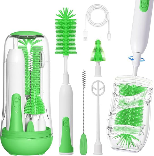 Electric Baby Bottle Brush, Rechargable Electric Bottle Brush Cleaner for Travel, Portable Baby Bottle Cleaner Brush Set with Silicone Bottle Brush, Nipple Brush, Straw Brush(Vintage Green)