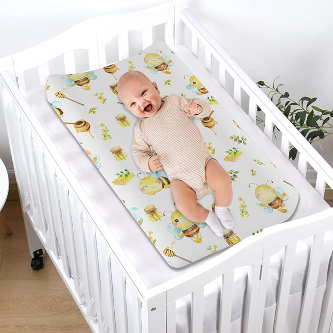 Cartoon Bees Boho Leaves Honey Changing Pad Covers for Baby Toddler, 32''x16'' Soft Breathable Polyester, Yellow, Bees & Flowers Pattern, Water Resistant, Machine Washable