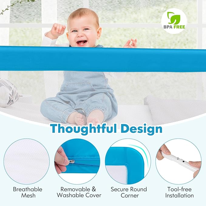 Costzon Bed Rail for Toddlers, 2 PCS Extra Long Swing Down Safety Bed Guards w/Straps for Convertible Crib, Kids Twin, Double, Full Size, Queen & King Bed, Folding Bed Rails for Baby (59-Inch, Blue)