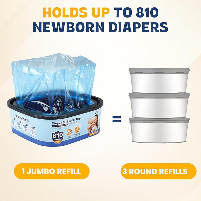 Diaper Pail Refill Bags,7-Layer Odor Prevention Technology,Thickened Design - Hold up to 810 Newborn-Sized Diaper Pail Bags- Pack of 6