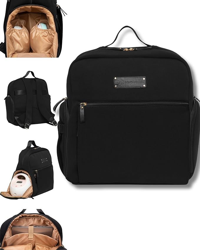 Sarah Wells Fiona Breast Pump Backpack – Machine Washable Neoprene Pump Bag with Insulated Milk Storage, Laptop Pocket & Adjustable Straps – Stylish Breastfeeding Backpack for Work & Travel (Black)