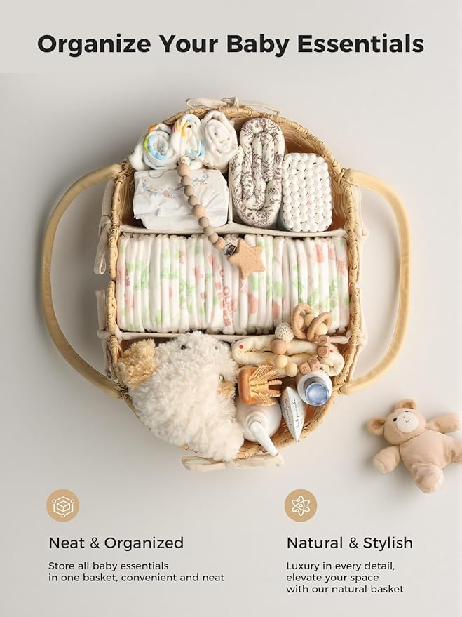 Diaper Caddy Organizer, Hand Rattan Scalloped Diaper Caddy Changing Table Organizer, Wicker Nursery Bakset Picnic Basket Household Organizer, Beige TB31