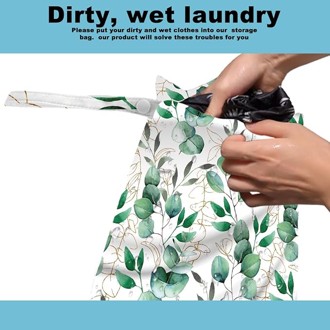 ZHAMEN 2Pcs Wet Bag, Wet Dry Bag Reusable with Zipper, Travel, Beach, Pool, Diapers, Dirty Yoga Gym Clothes, Makeup Bag, Waterproof Wetdry Packing, Green Eucalyptus Leaf Decore (12x10 Inch)