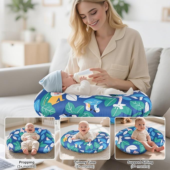 Ergonomic Nursing Pillow for Breastfeeding & Bottle Feeding, Breastfeeding Pillow to Reduce Back Neck Strain, Suitable for Breastfeeding Mom & Baby, Washable Cotton Cover(Jungle)