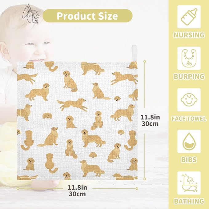 vvfelixl Baby Cotton Washcloths Golden Retriever Dogs Infants Bath Towel for Unisex Goldies Puppy Face Towels for Newborn, Natural Baby Wipes Delicate Skin, 11.8 X 11.8 inch, one sizex5