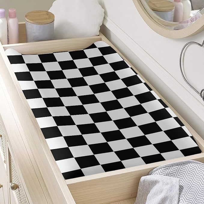 Black and White Checkered Changing Pad Cover for Baby Girls Boys Cartoon Breathable Diaper Change Table Sheet Soft Stretchy Cute Change Table Mat Cover Fit 32x16