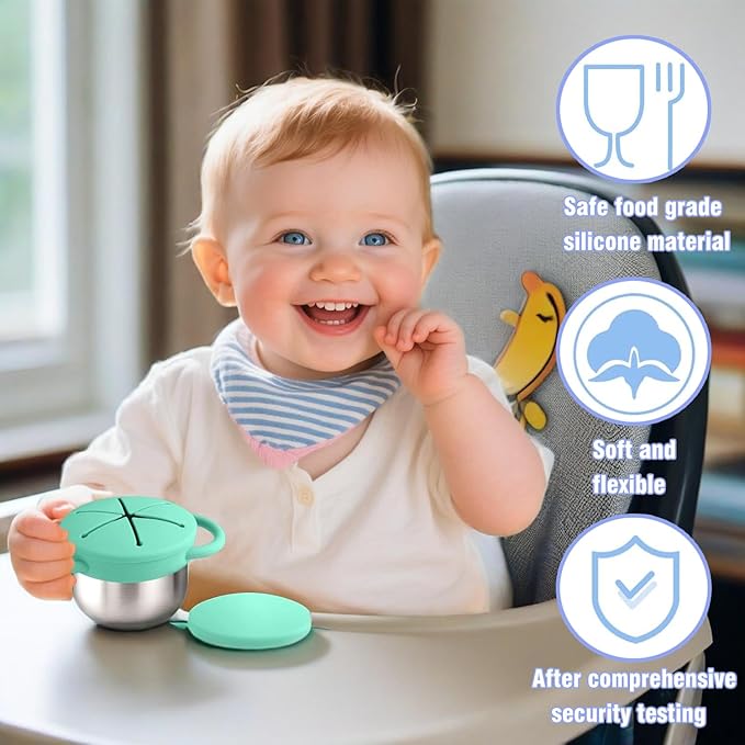 Stainless Steel Snack Containers for Toddlers with Spill-Proof Silicone Lids & Handles - 3-in-1 Baby Snack Cups, No-Spill Toddler Snack Box, Perfect for On-the-Go Healthy Eating - 2pack