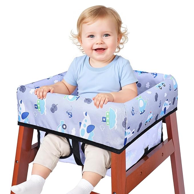 High Chair Cover, Baby High Chair Cover for Restaurants, Waterproof Portable Highchair Covers with 3-Point Harness for Eating, Travel, Home, Machine Washable, Fits Wooden Chairs (Grey)