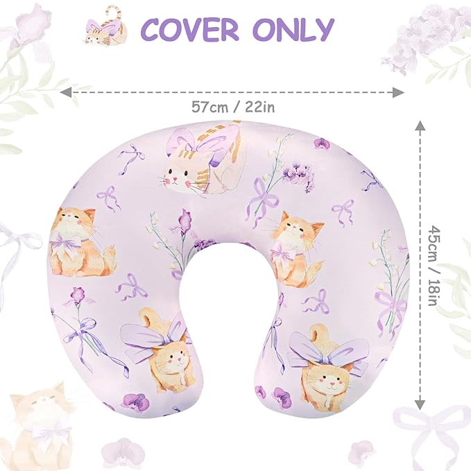 Nursing Pillow Cover, Ultra Soft Breastfeeding Pillow Covers for Newborn Baby Boys and Girls, Easy Removal and Machine Washable Slipcover, Pillowcase Only (Purple Flora & Cat)