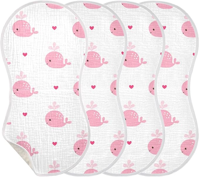 Pink Whale with Heart Muslin Burp Cloths for Baby 4 Pack 100% Cotton Baby Washcloths Bibs for Boy Girl