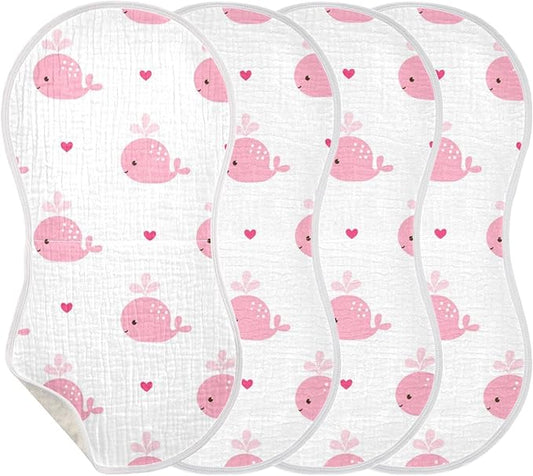 Pink Whale with Heart Muslin Burp Cloths for Baby 4 Pack 100% Cotton Baby Washcloths Bibs for Boy Girl