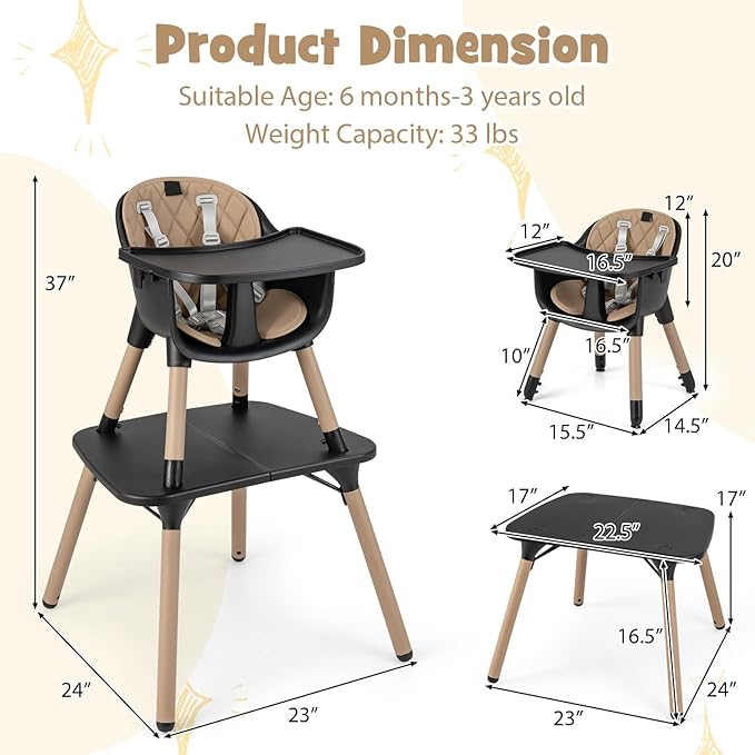 HONEY JOY 5-in-1 High Chair, Convertible Highchair for Babies and Toddlers/Kids Chair Table Set/Infant Feeding Chair w/Safety Harness, PU Leather Cushion & Removable Food Tray (Coffee)