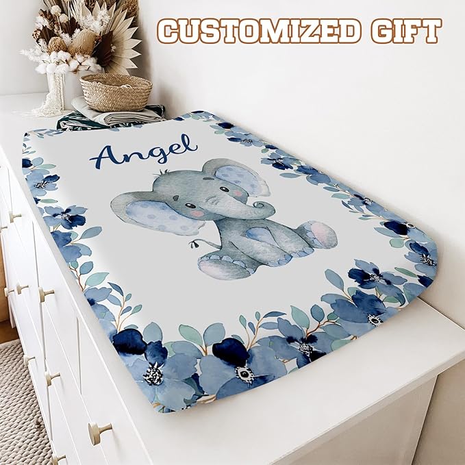 Personalized Baby Changing Pad Cover with Name - 2 Piece Lovely Blue Elephnat Baby Pee Pad Cover for Diaper Changing Table, Portable Custom Gifts for Infant Baby