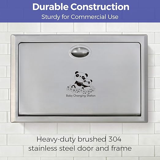 Stardrix Panda Care Stainless Steel Recessed Mounted Baby Changing Station, Heavy Duty Foldable Diaper Changing Table with Liner Dispenser and Adjustable Safety Belt for Commercial and Business