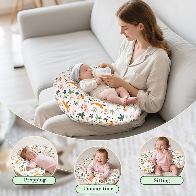 Nursing Pillow Cover, Fits Standard Breastfeeding Pillows – Ultra Soft Cotton, Breathable, Hypoallergenic & Washable – Adorable Fox Pattern for Newborn Baby Girls & Boys (1 Pack, Cover Only)