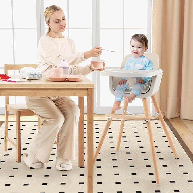 HONEY JOY Baby High Chair, 6-in-1 Eat & Grow Wooden Highchair/Toddler Chair with Removable Tray, 5-Point Harness, PU Cushion and Footrest, Convertible High Chair for Babies and Toddlers(Beige)