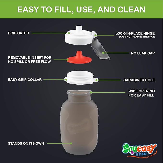 Grey 6 oz Squeasy Snacker Spill Proof Silicone Reusable Food Pouch - for Both Soft Foods and Liquids - Water, Apple Sauce, Yogurt, Smoothies, Baby Food - Dishwasher Safe