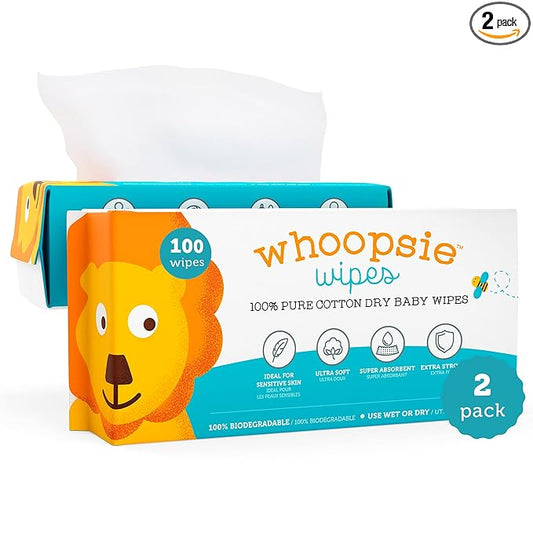 Whoopsie Wipes – The Original 100% Pure Cotton Dry Baby Wipes – Ultra Soft, Unscented, Chemical-Free Wipes for Sensitive Skin – Use Dry or Add Water for Wet Wipes – 2 Packs (200 Count).