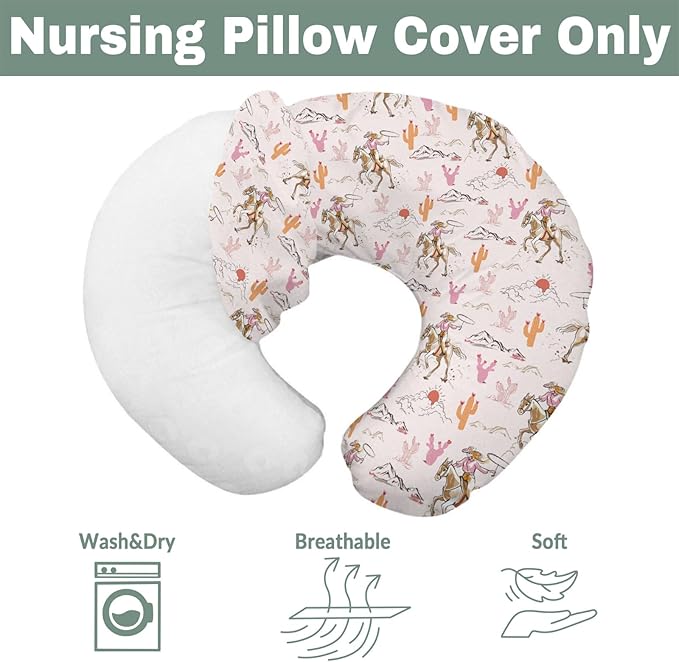 Cute Pink Cowgirl Nursing Pillow Covers for Girl Western Cowgirls Horse Cactus Mountain Sunset Nursery Slipcovers for Breastfeeding Pillows Wild West Desert Soft Stretchy Cover for Newborn Infant