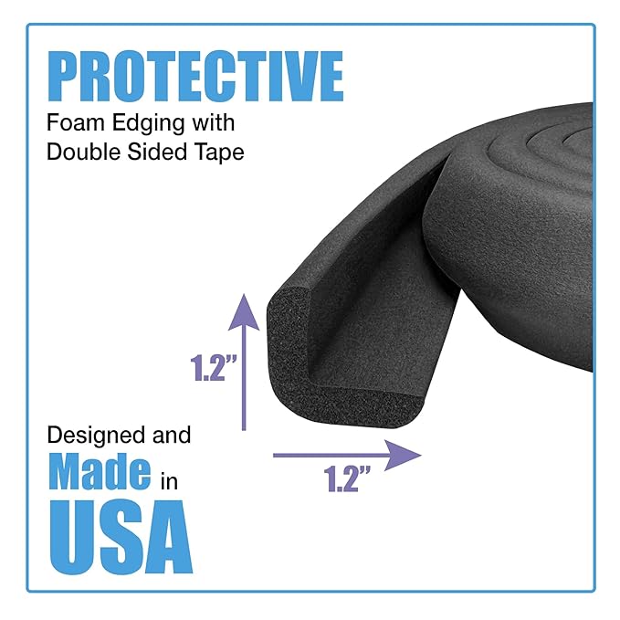 Kidkusion Baby Proof Edge Guards for Safety | Made in The USA | 48 Feet | Black | Edge Protectors for Furniture, Tables, Fireplaces | Heavy Duty Tape Included