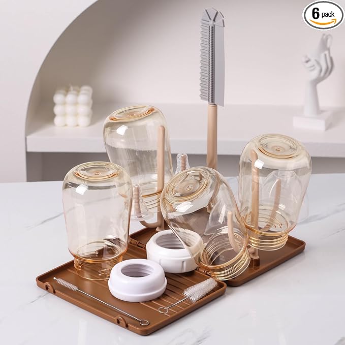 Baby Bottle Drying Rack，Travel Baby Bottle Drying Rack Set, Cleaner Kit with Silicone Bottle Brush,Straw Brush, Suitable for Home use or Traveling with Babies (Coffee Color)