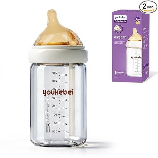 Natural Nursing Glass Baby Bottle - with Anti-Colic Vent System - BPA-Free, 8oz with Medium Slow Flow(M) Nipple, 3Months+